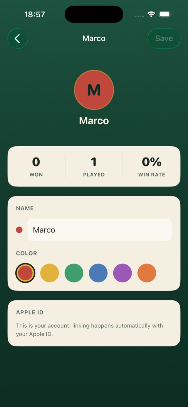 Profilo giocatore con statistiche vittorie e partite nell’app Segnapunti