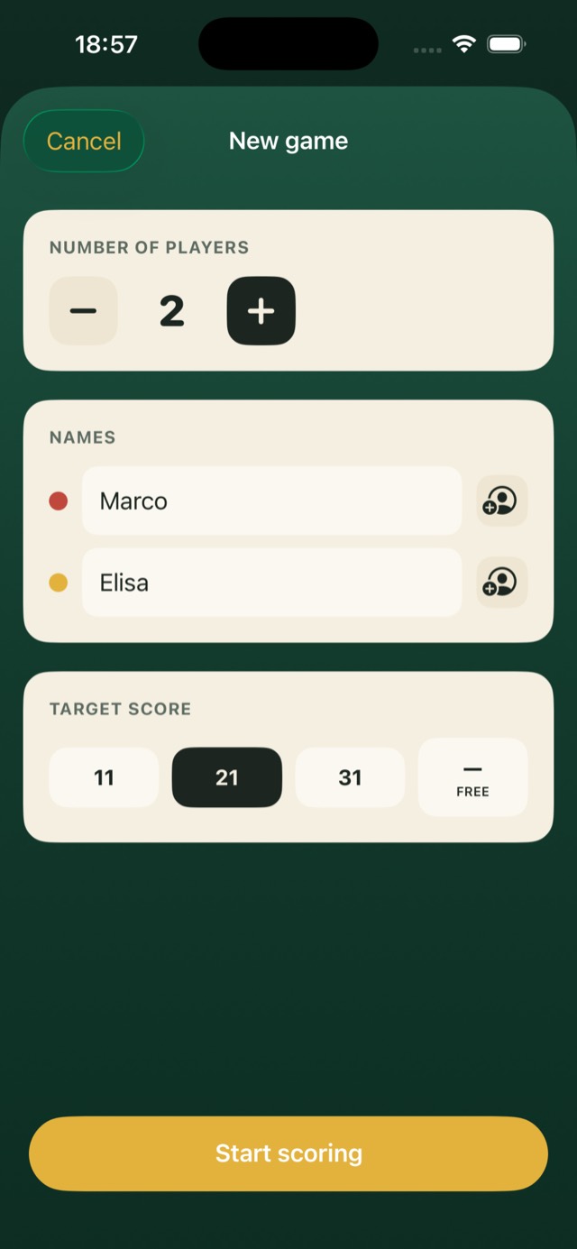 Schermata di creazione partita dell’app Segnapunti: numero di giocatori, nomi e punteggio obiettivo
