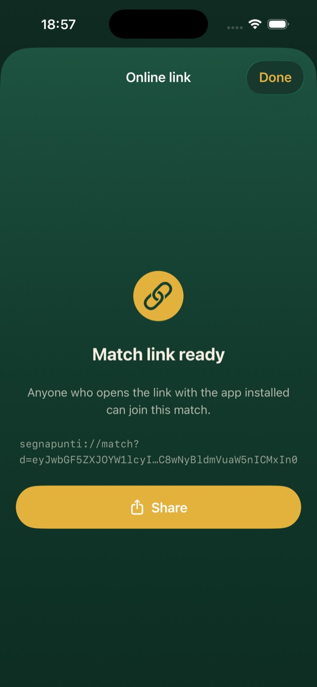 Condivisione di una partita tramite link nell’app Segnapunti